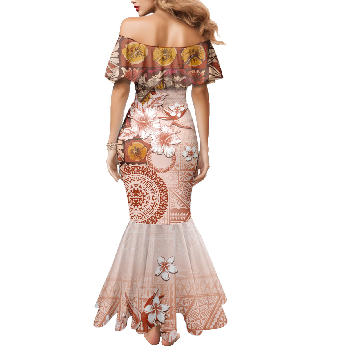 Tonga Ngatu Pattern With Light Tabasco Hibiscus Family Matching Mermaid Dress and Hawaiian Shirt Oil Painting Style LT05 - Polynesian Pride