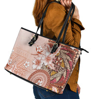 Tonga Ngatu Pattern With Light Tabasco Hibiscus Leather Tote Bag Oil Painting Style