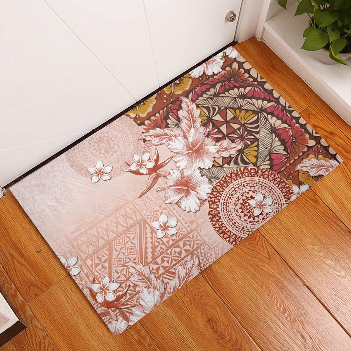 Tonga Ngatu Pattern With Light Tabasco Hibiscus Rubber Doormat Oil Painting Style LT05 Light Tabasco - Polynesian Pride