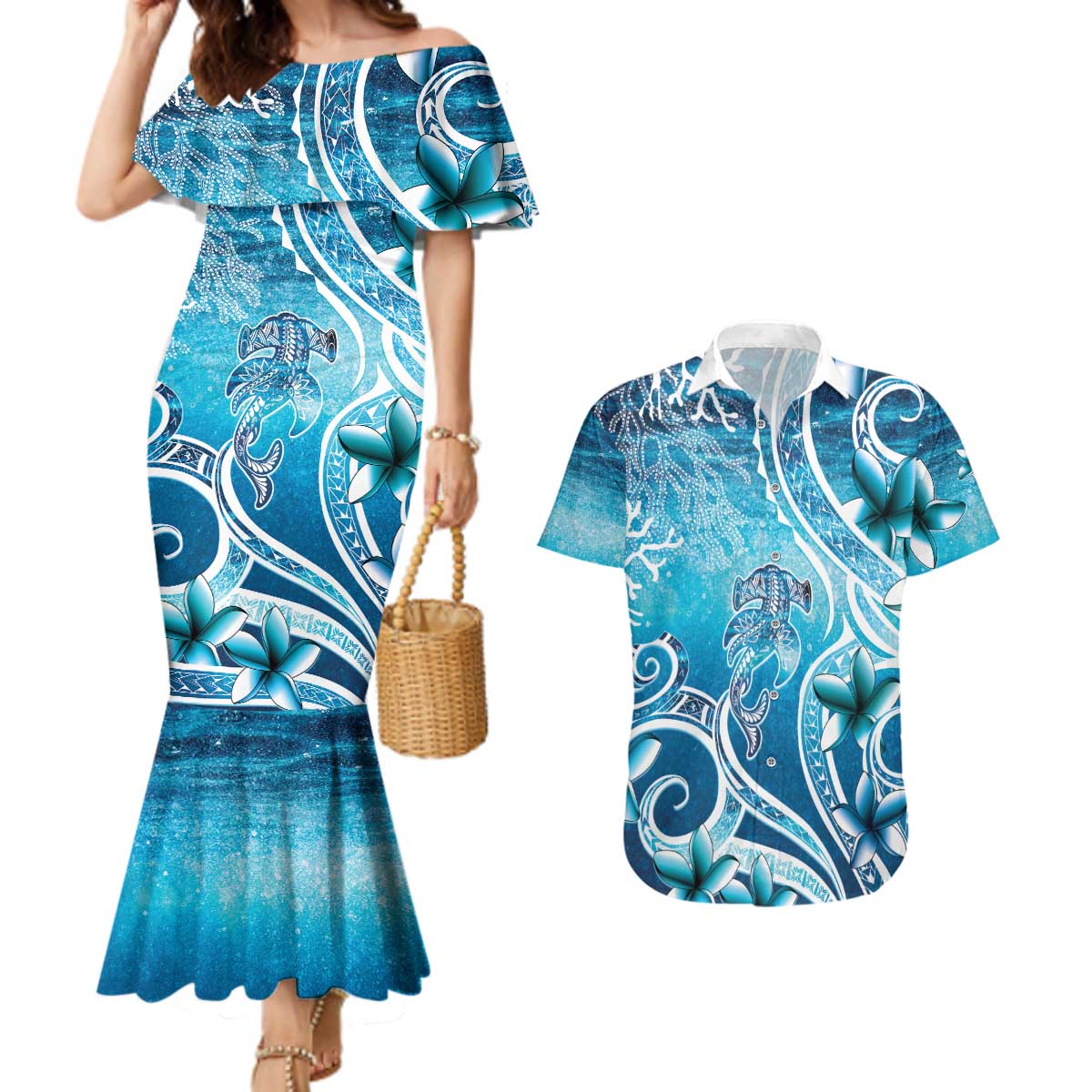 Polynesia World Ocean Day Couples Matching Mermaid Dress and Hawaiian Shirt Ocean Style