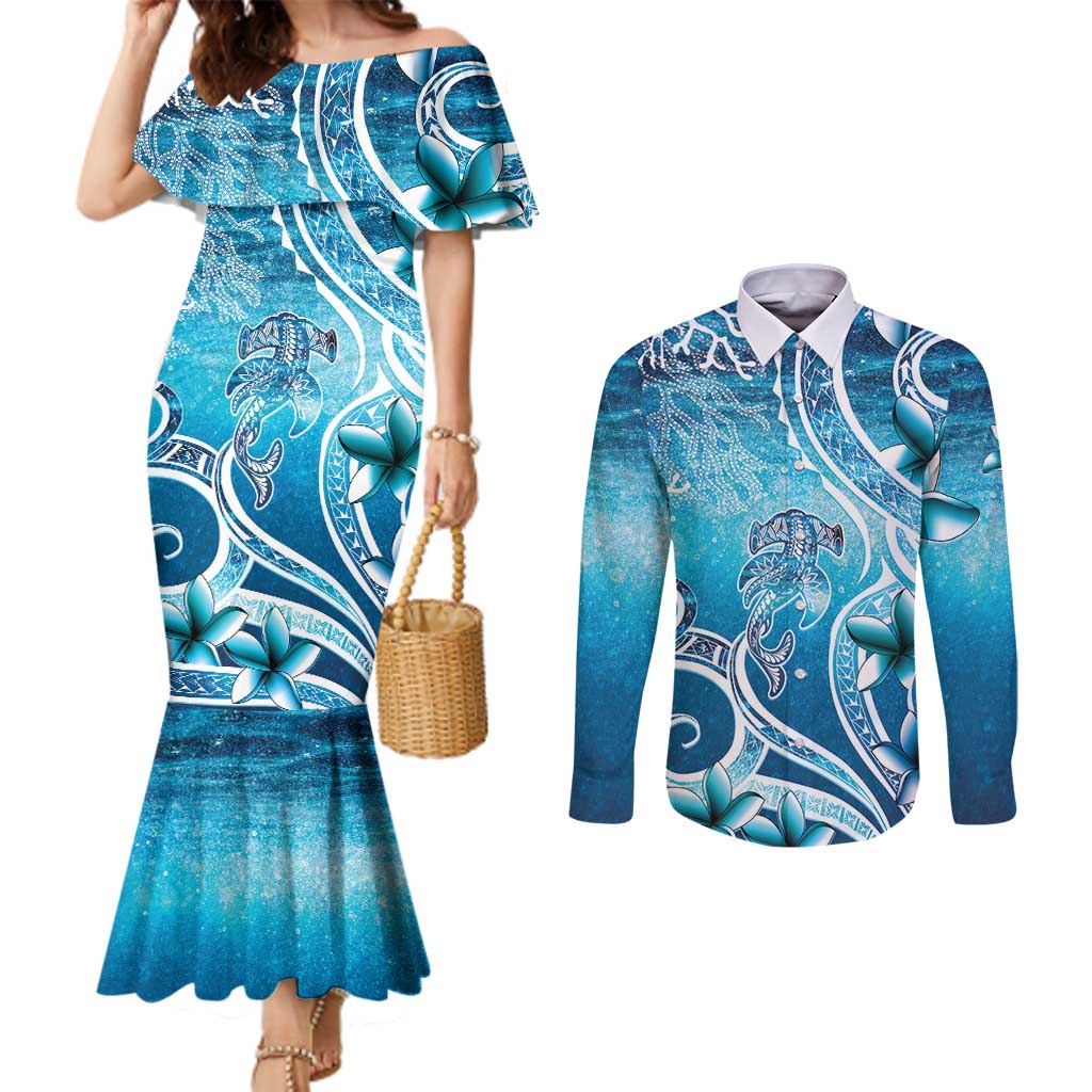 Polynesia World Ocean Day Couples Matching Mermaid Dress and Long Sleeve Button Shirt Ocean Style