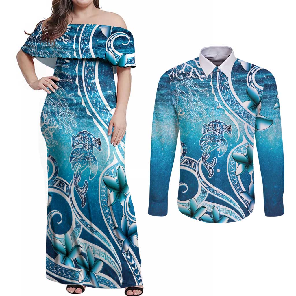 Polynesia World Ocean Day Couples Matching Off Shoulder Maxi Dress and Long Sleeve Button Shirt Ocean Style
