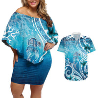 Polynesia World Ocean Day Couples Matching Off Shoulder Short Dress and Hawaiian Shirt Ocean Style