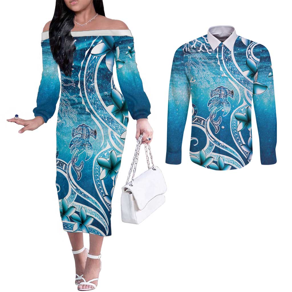Polynesia World Ocean Day Couples Matching Off The Shoulder Long Sleeve Dress and Long Sleeve Button Shirt Ocean Style LT05 Blue - Polynesian Pride