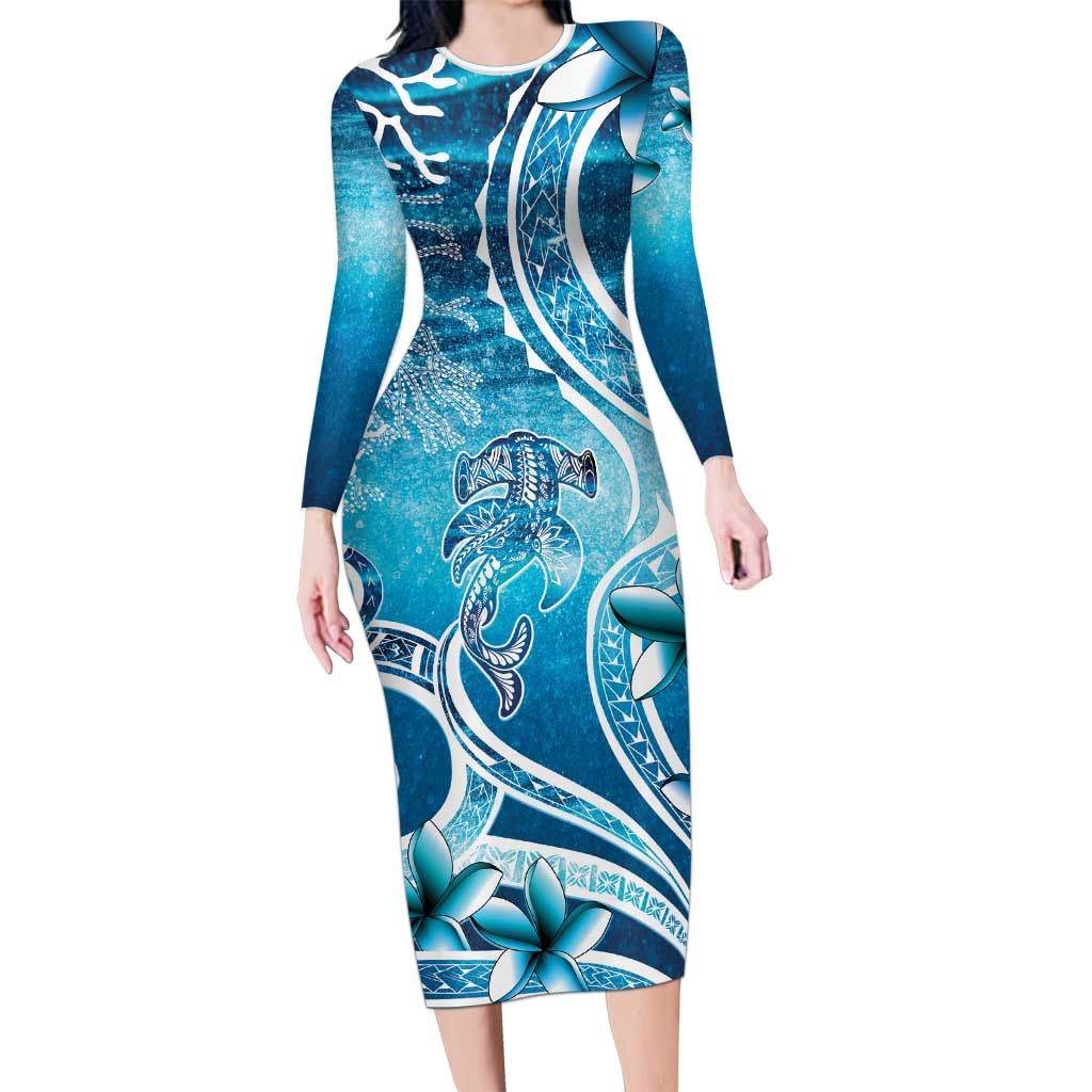 Polynesia World Ocean Day Family Matching Long Sleeve Bodycon Dress and Hawaiian Shirt Ocean Style LT05 Mom's Dress Blue - Polynesian Pride