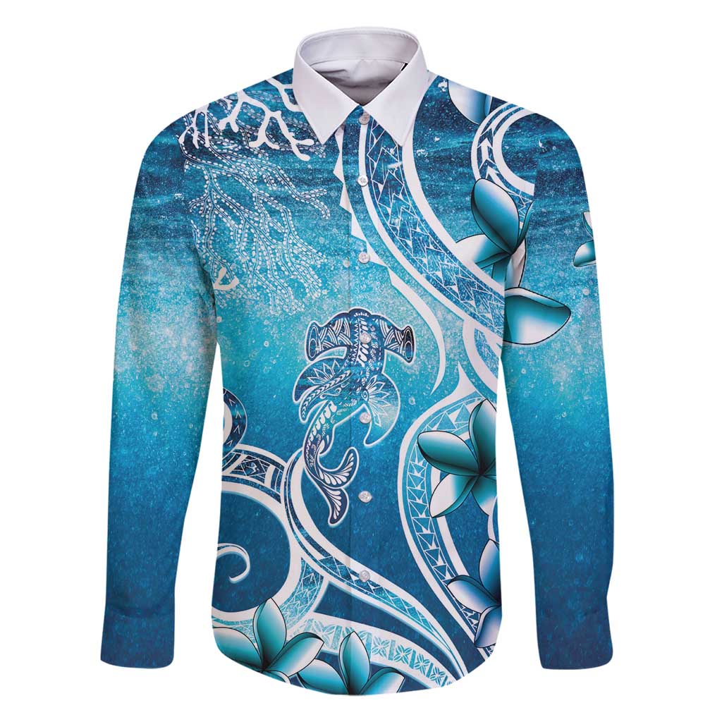 Polynesia World Ocean Day Family Matching Off Shoulder Maxi Dress and Hawaiian Shirt Ocean Style LT05 Dad's Shirt - Long Sleeve Blue - Polynesian Pride