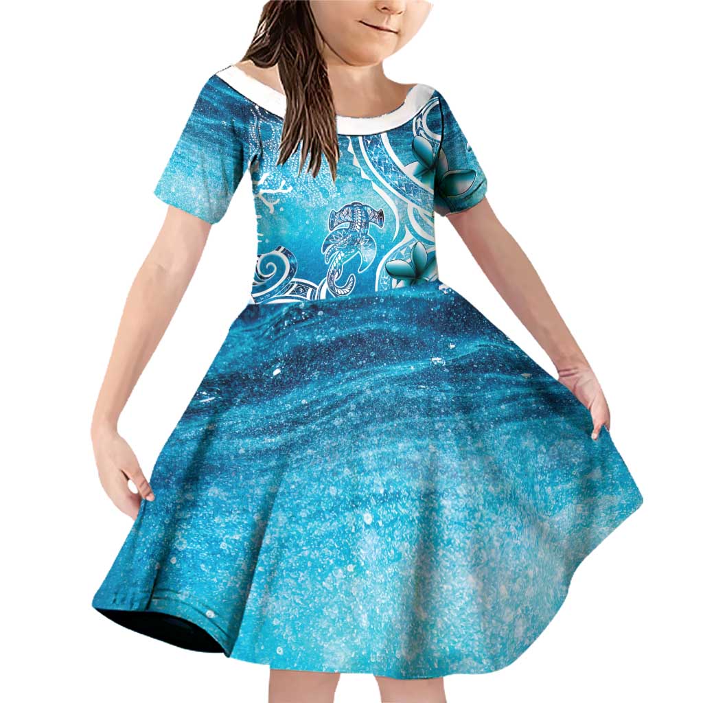 Polynesia World Ocean Day Family Matching Off Shoulder Short Dress and Hawaiian Shirt Ocean Style LT05 Daughter's Dress Blue - Polynesian Pride