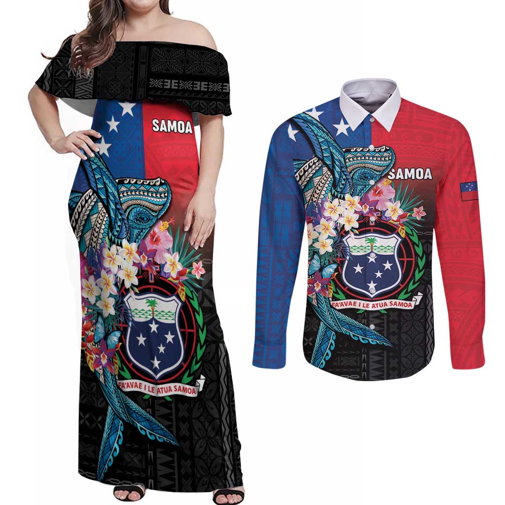 Samoa Couples Matching Off Shoulder Maxi Dress and Long Sleeve Button Shirt Humpback Whale Siapo Pattern LT05 Blue - Polynesian Pride