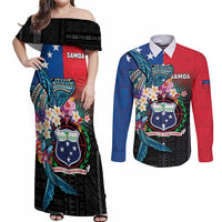 Samoa Couples Matching Off Shoulder Maxi Dress and Long Sleeve Button Shirt Humpback Whale Siapo Pattern LT05 Blue - Polynesian Pride