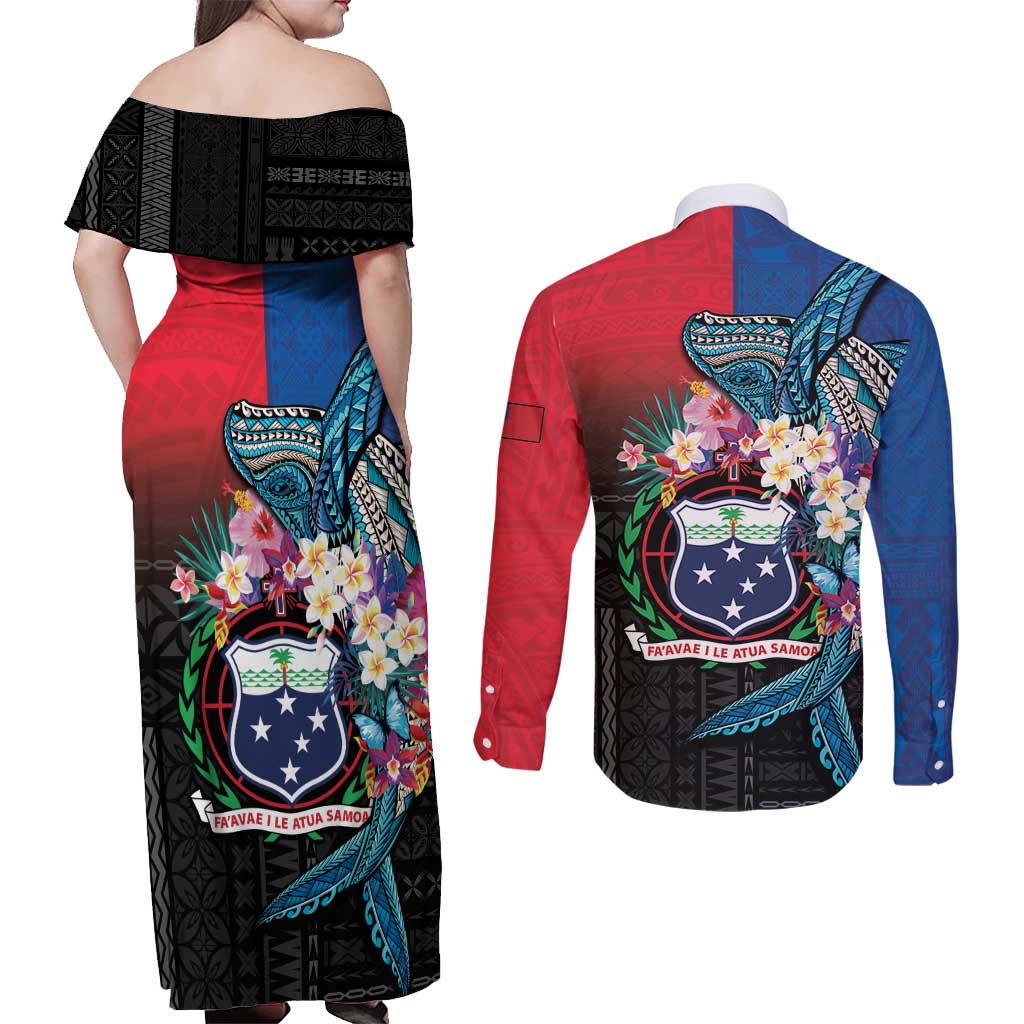 Samoa Couples Matching Off Shoulder Maxi Dress and Long Sleeve Button Shirt Humpback Whale Siapo Pattern LT05 - Polynesian Pride
