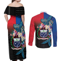 Samoa Couples Matching Off Shoulder Maxi Dress and Long Sleeve Button Shirt Humpback Whale Siapo Pattern LT05 - Polynesian Pride