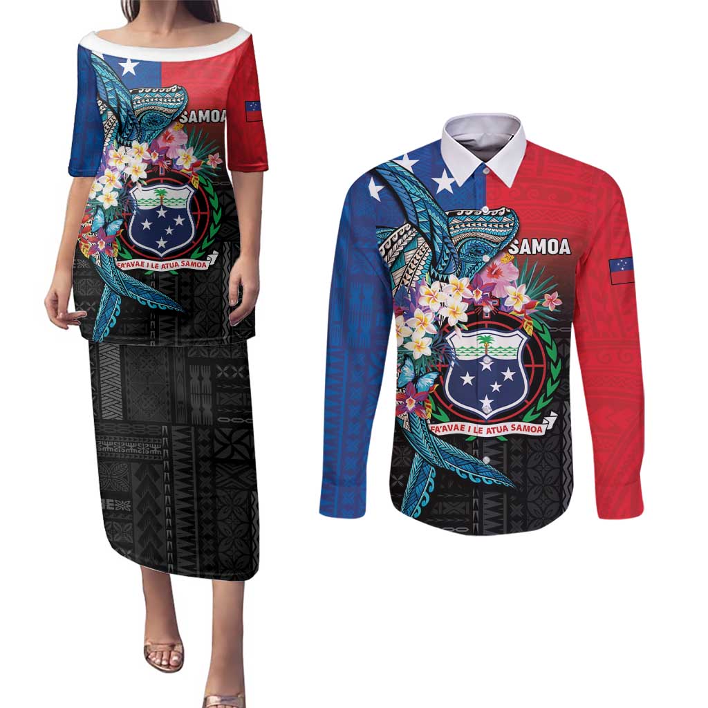 Samoa Couples Matching Puletasi and Long Sleeve Button Shirt Humpback Whale Siapo Pattern