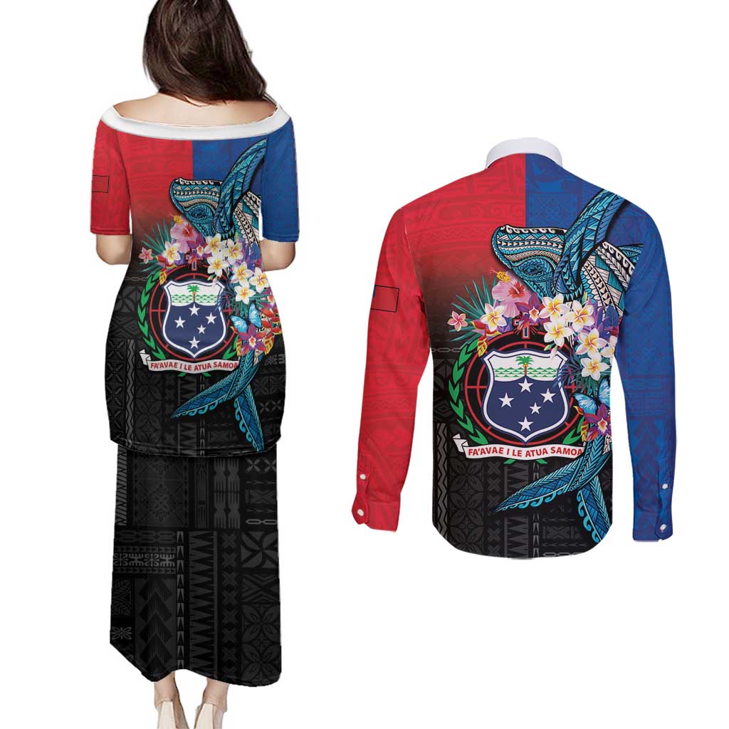 Samoa Couples Matching Puletasi and Long Sleeve Button Shirt Humpback Whale Siapo Pattern