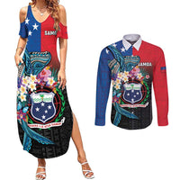 Samoa Couples Matching Summer Maxi Dress and Long Sleeve Button Shirt Humpback Whale Siapo Pattern LT05 Blue - Polynesian Pride