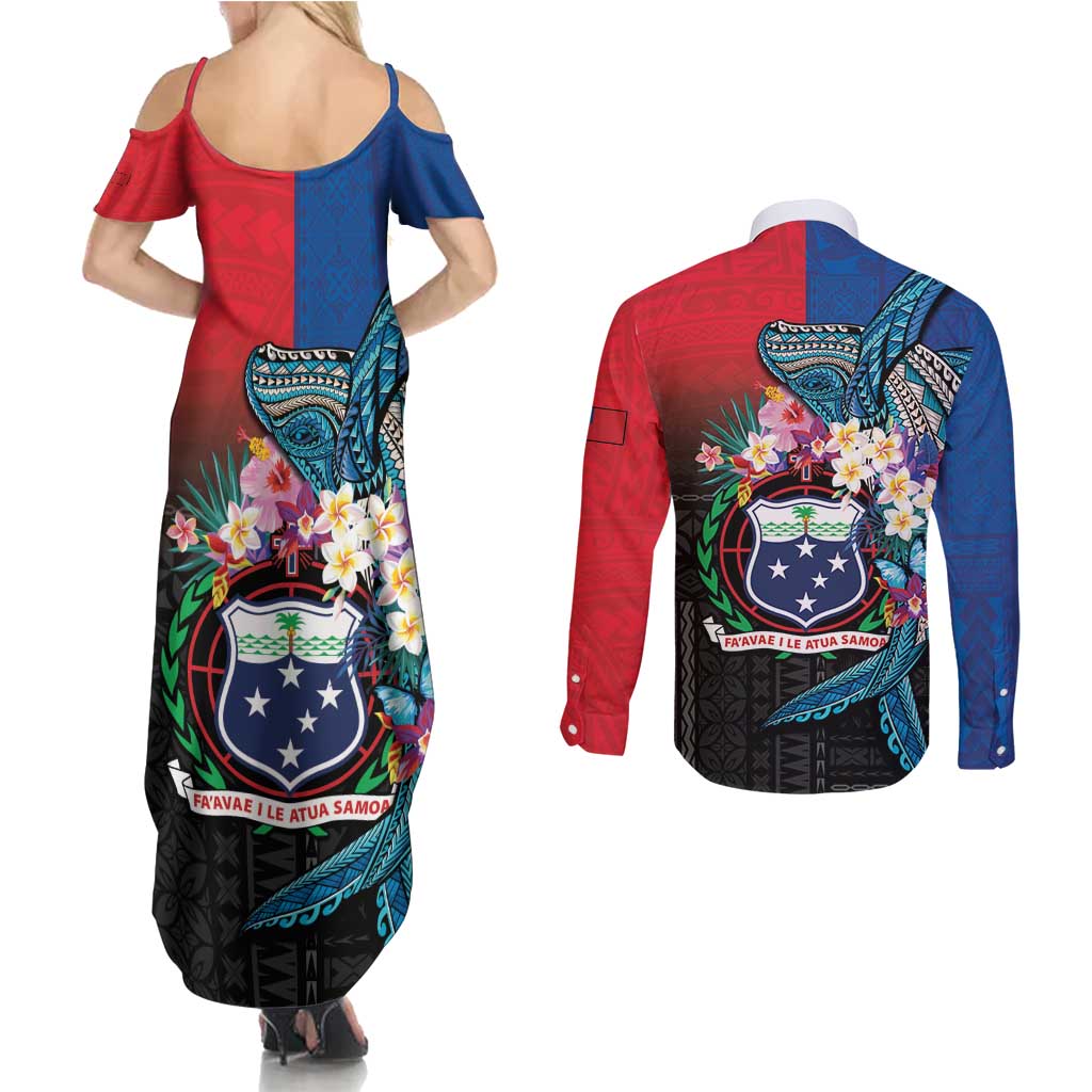 Samoa Couples Matching Summer Maxi Dress and Long Sleeve Button Shirt Humpback Whale Siapo Pattern LT05 - Polynesian Pride