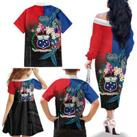 Samoa Family Matching Off The Shoulder Long Sleeve Dress and Hawaiian Shirt Humpback Whale Siapo Pattern