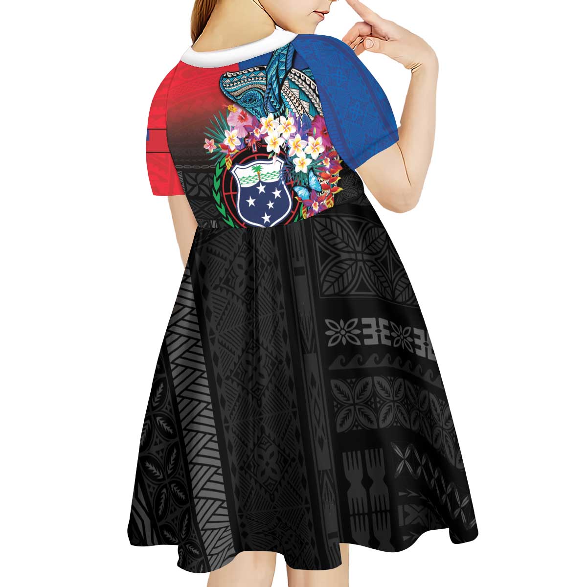 Samoa Kid Short Sleeve Dress Humpback Whale Siapo Pattern