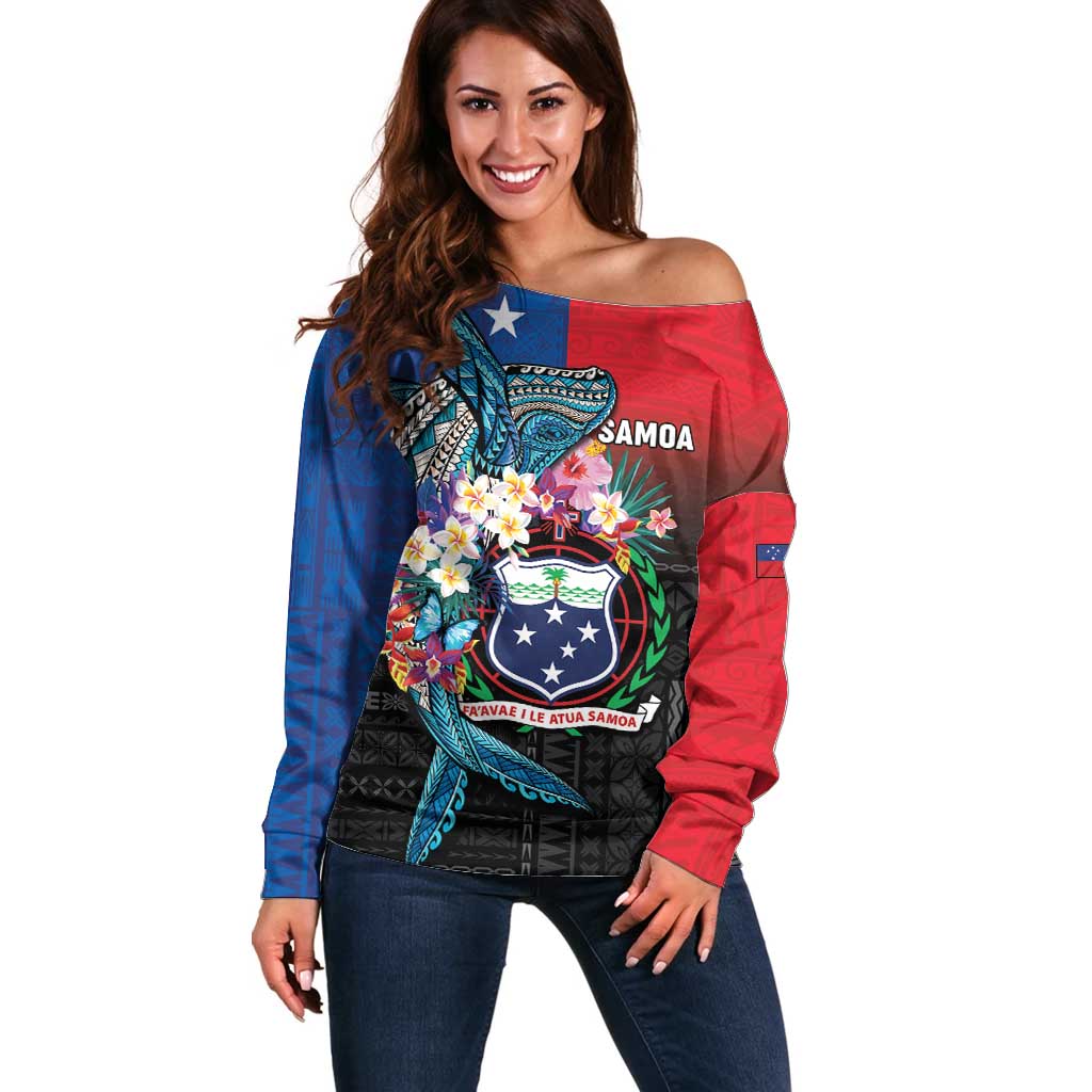 Samoa Off Shoulder Sweater Humpback Whale Siapo Pattern