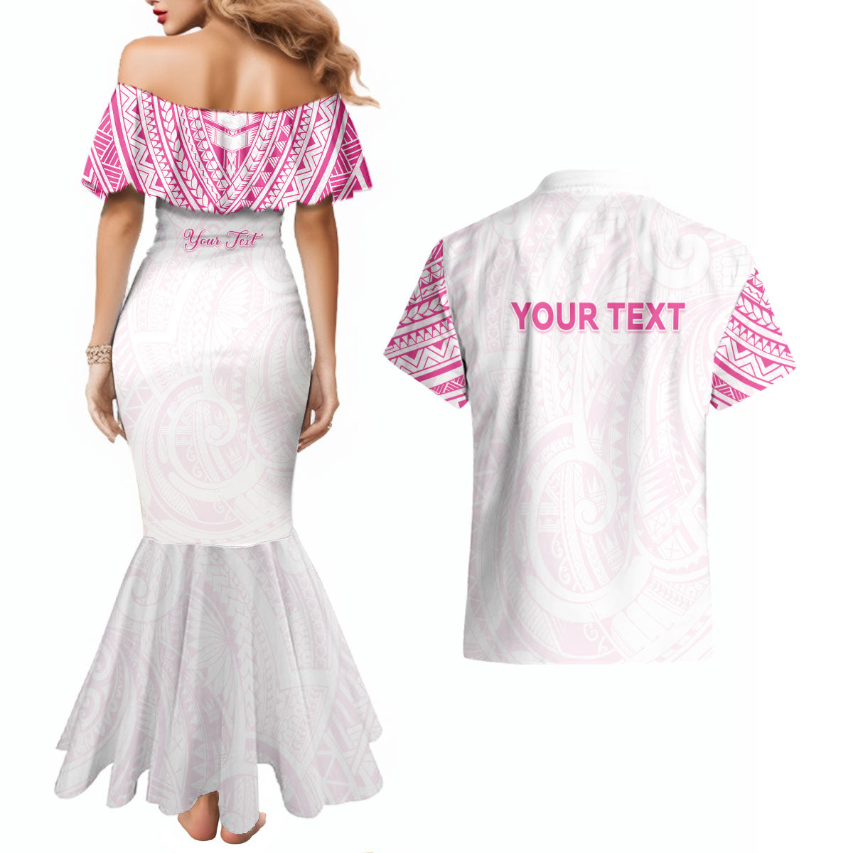 Personalised New Zealand Aotearoa Couples Matching Mermaid Dress and Hawaiian Shirt Nurse Tribal Pink Version LT05 - Polynesian Pride