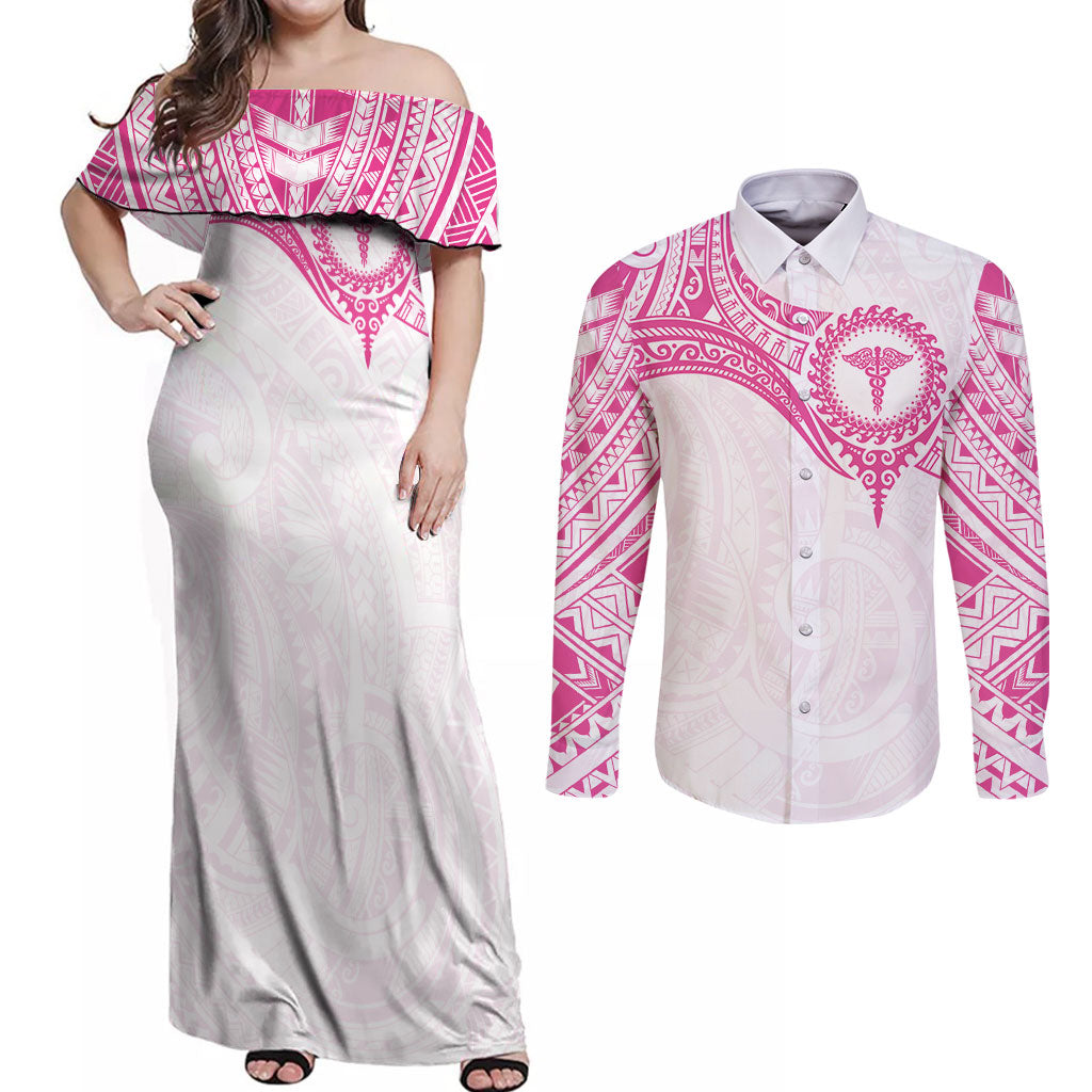 Personalised New Zealand Aotearoa Couples Matching Off Shoulder Maxi Dress and Long Sleeve Button Shirt Nurse Tribal Pink Version LT05 Pink - Polynesian Pride