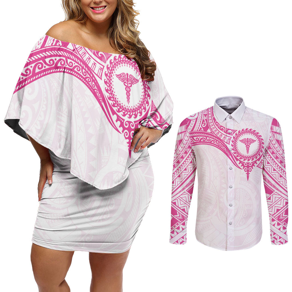 Personalised New Zealand Aotearoa Couples Matching Off Shoulder Short Dress and Long Sleeve Button Shirt Nurse Tribal Pink Version LT05 Pink - Polynesian Pride