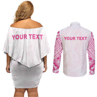 Personalised New Zealand Aotearoa Couples Matching Off Shoulder Short Dress and Long Sleeve Button Shirt Nurse Tribal Pink Version LT05 - Polynesian Pride