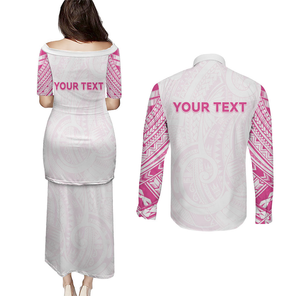 Personalised New Zealand Aotearoa Couples Matching Puletasi and Long Sleeve Button Shirt Nurse Tribal Pink Version LT05 - Polynesian Pride