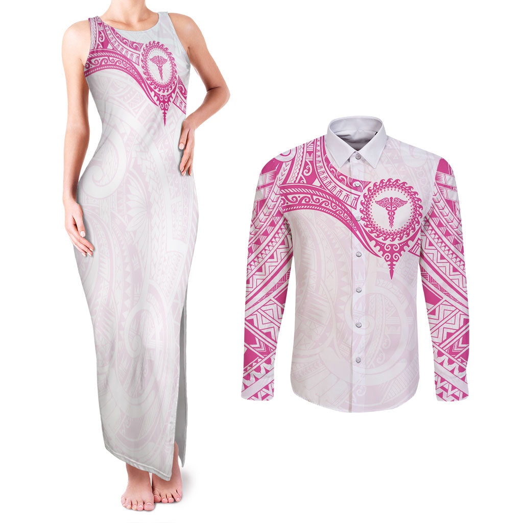 Personalised New Zealand Aotearoa Couples Matching Tank Maxi Dress and Long Sleeve Button Shirt Nurse Tribal Pink Version LT05 Pink - Polynesian Pride