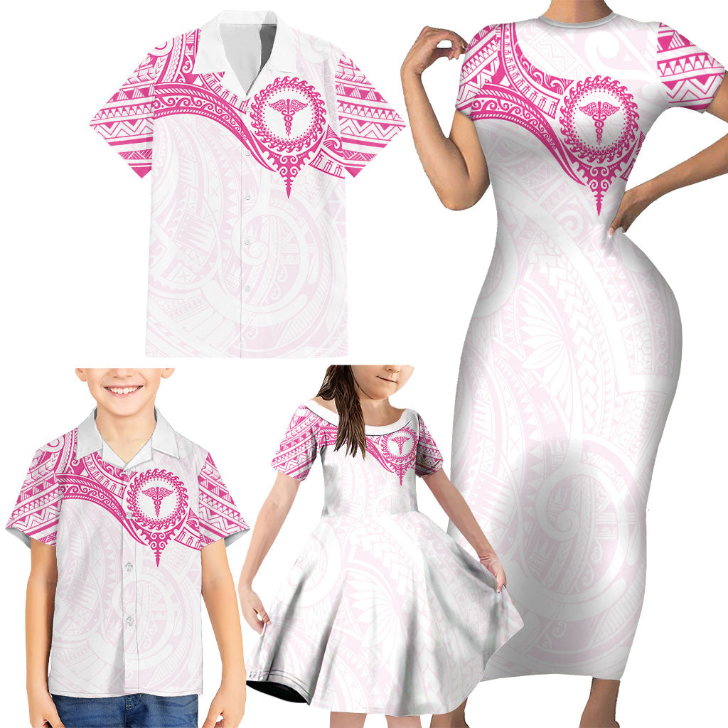 Personalised New Zealand Aotearoa Family Matching Short Sleeve Bodycon Dress and Hawaiian Shirt Nurse Tribal Pink Version LT05 - Polynesian Pride