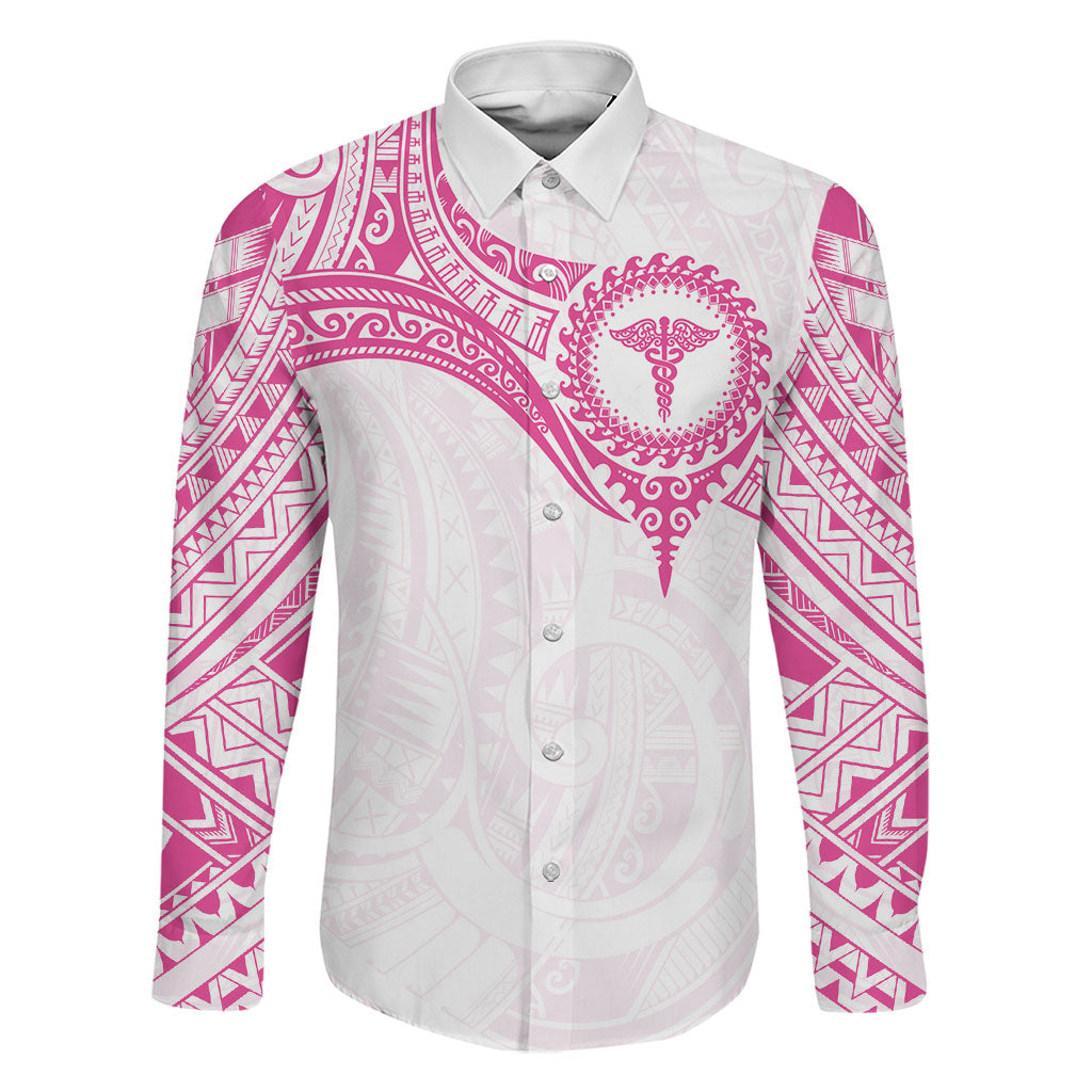 Personalised New Zealand Aotearoa Family Matching Summer Maxi Dress and Hawaiian Shirt Nurse Tribal Pink Version LT05 Dad's Shirt - Long Sleeve Pink - Polynesian Pride