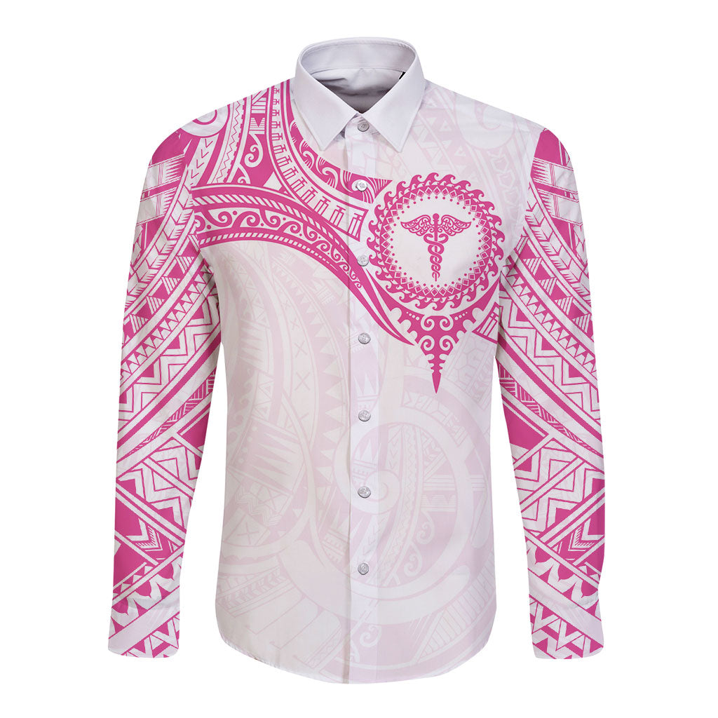 Personalised New Zealand Aotearoa Long Sleeve Button Shirt Nurse Tribal Pink Version