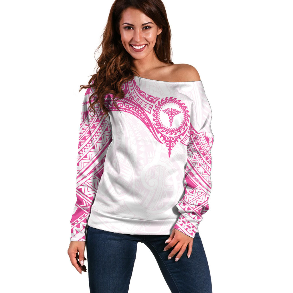 Personalised New Zealand Aotearoa Off Shoulder Sweater Nurse Tribal Pink Version