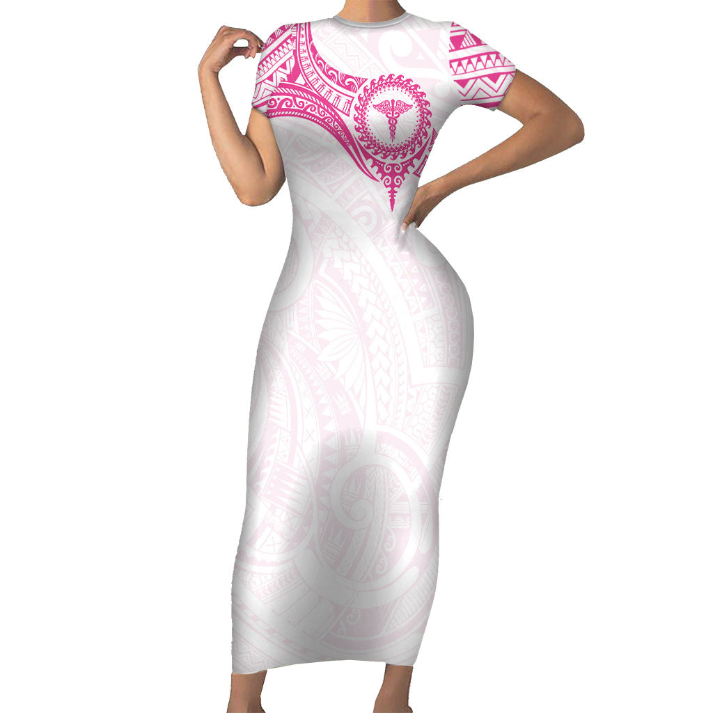 Personalised New Zealand Aotearoa Short Sleeve Bodycon Dress Nurse Tribal Pink Version LT05 Long Dress Pink - Polynesian Pride