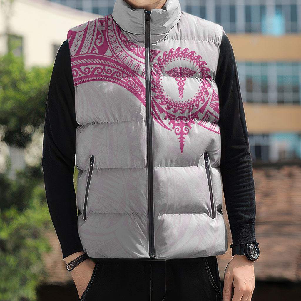 Personalised New Zealand Aotearoa Sleeveless Puffer Jacket Nurse Tribal Pink Version LT05 - Polynesian Pride