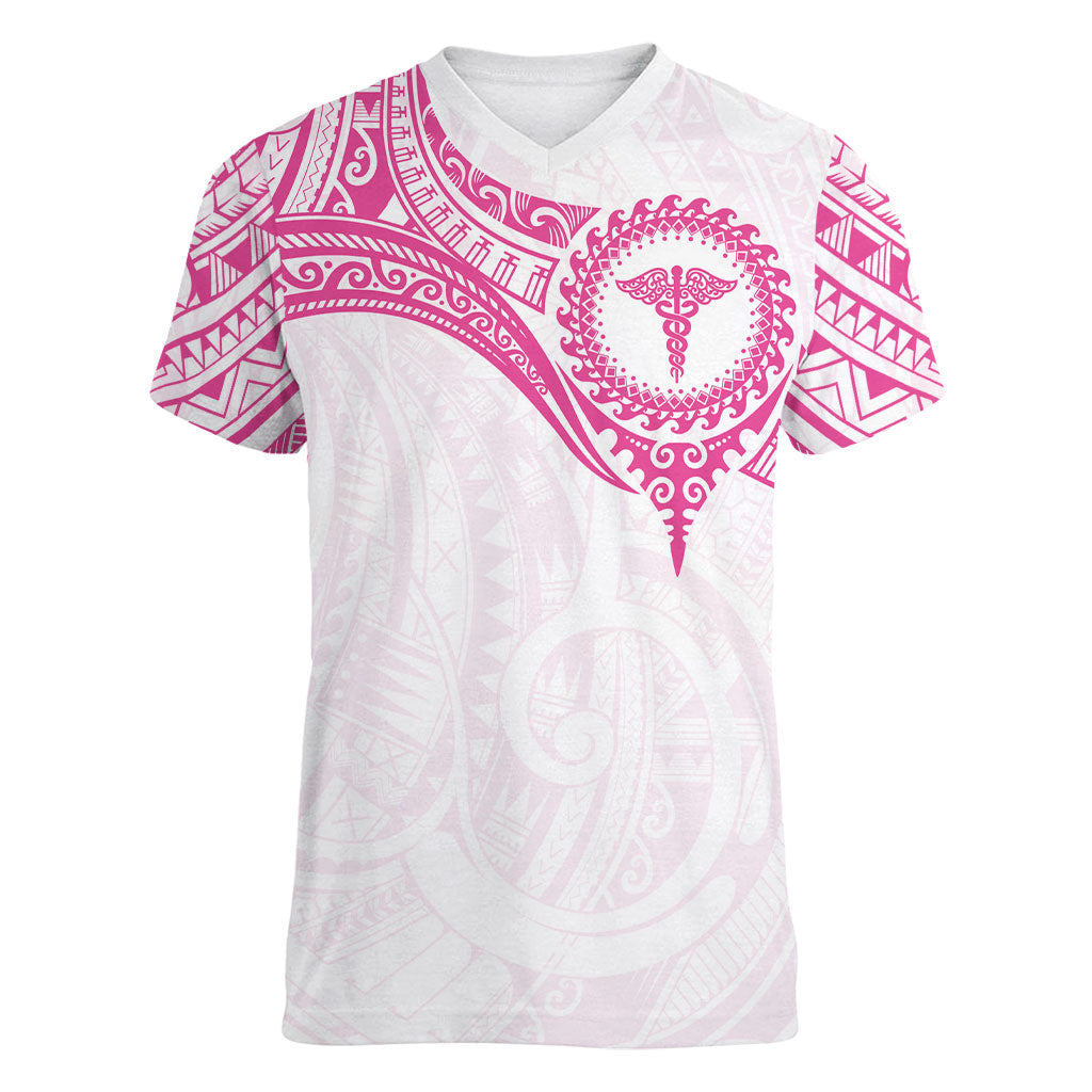 Personalised New Zealand Aotearoa Women V-Neck T-Shirt Nurse Tribal Pink Version LT05 Female Pink - Polynesian Pride