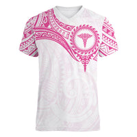 Personalised New Zealand Aotearoa Women V-Neck T-Shirt Nurse Tribal Pink Version LT05 Female Pink - Polynesian Pride