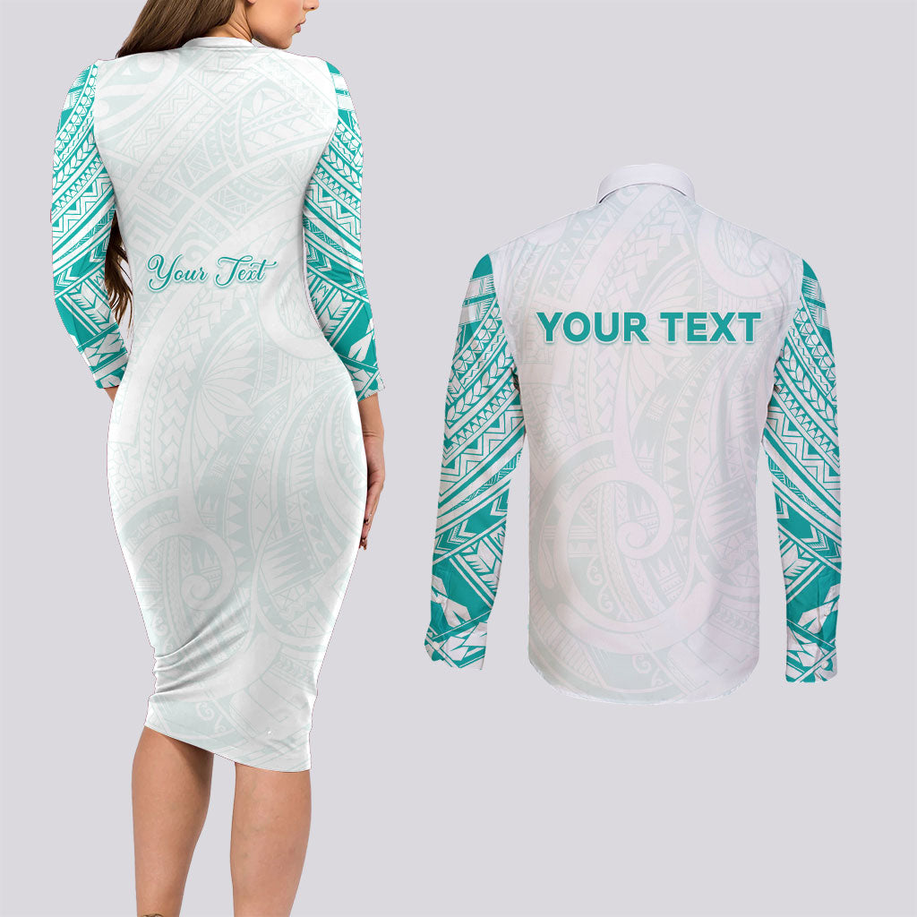 Personalised New Zealand Aotearoa Couples Matching Long Sleeve Bodycon Dress and Long Sleeve Button Shirt Nurse Tribal Teal Version LT05 - Polynesian Pride