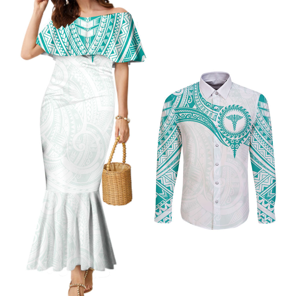 Personalised New Zealand Aotearoa Couples Matching Mermaid Dress and Long Sleeve Button Shirt Nurse Tribal Teal Version LT05 Teal - Polynesian Pride