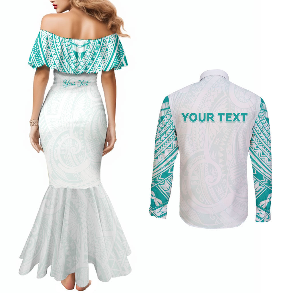 Personalised New Zealand Aotearoa Couples Matching Mermaid Dress and Long Sleeve Button Shirt Nurse Tribal Teal Version LT05 - Polynesian Pride