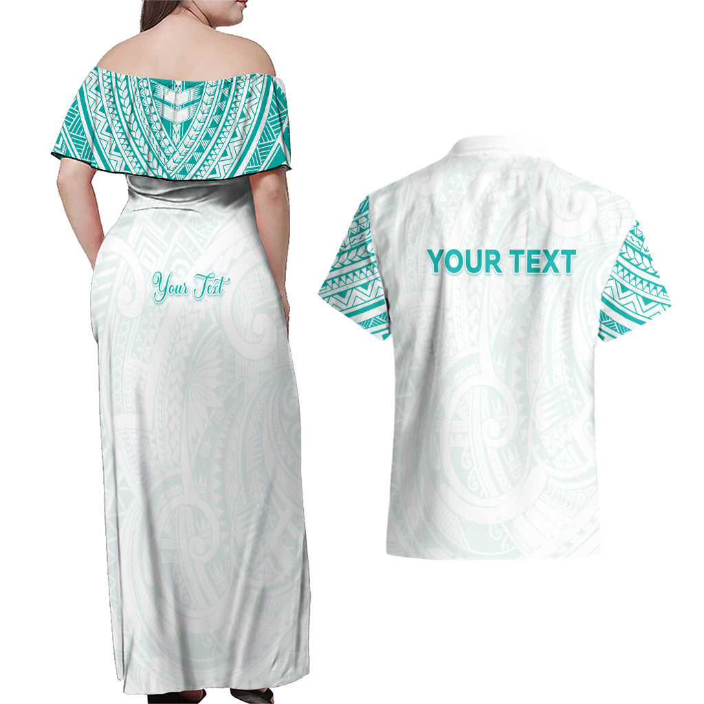 Personalised New Zealand Aotearoa Couples Matching Off Shoulder Maxi Dress and Hawaiian Shirt Nurse Tribal Teal Version LT05 - Polynesian Pride