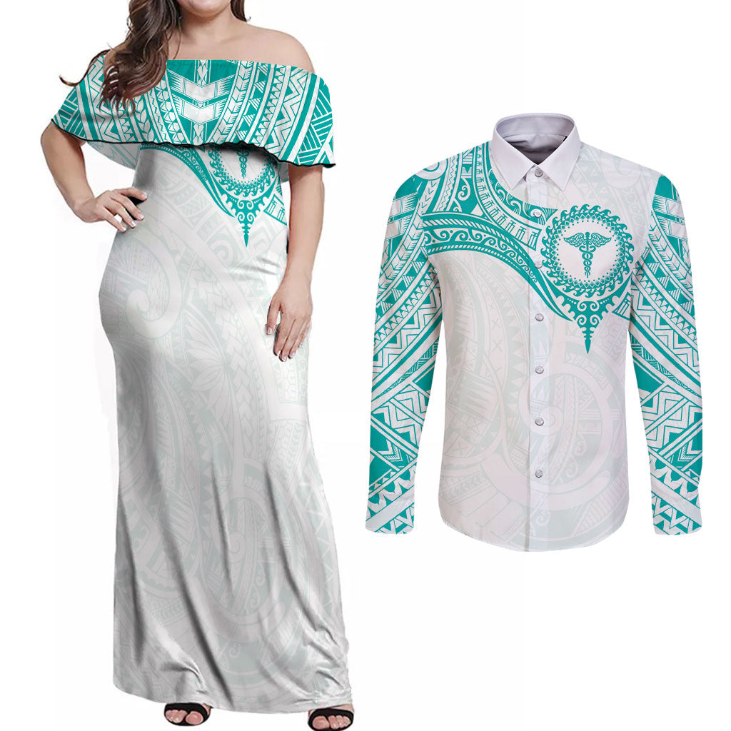 Personalised New Zealand Aotearoa Couples Matching Off Shoulder Maxi Dress and Long Sleeve Button Shirt Nurse Tribal Teal Version LT05 Teal - Polynesian Pride