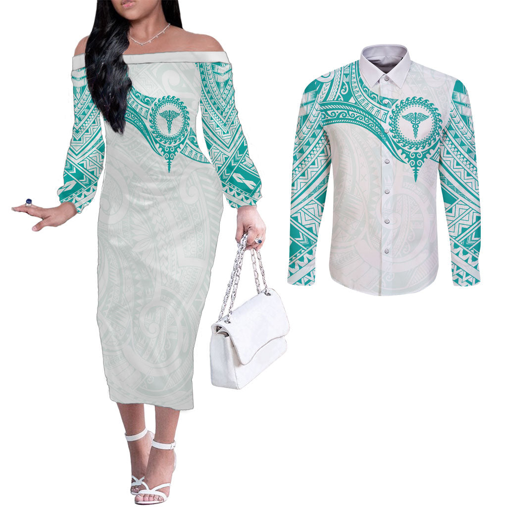 Personalised New Zealand Aotearoa Couples Matching Off The Shoulder Long Sleeve Dress and Long Sleeve Button Shirt Nurse Tribal Teal Version LT05 Teal - Polynesian Pride