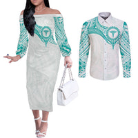 Personalised New Zealand Aotearoa Couples Matching Off The Shoulder Long Sleeve Dress and Long Sleeve Button Shirt Nurse Tribal Teal Version LT05 Teal - Polynesian Pride