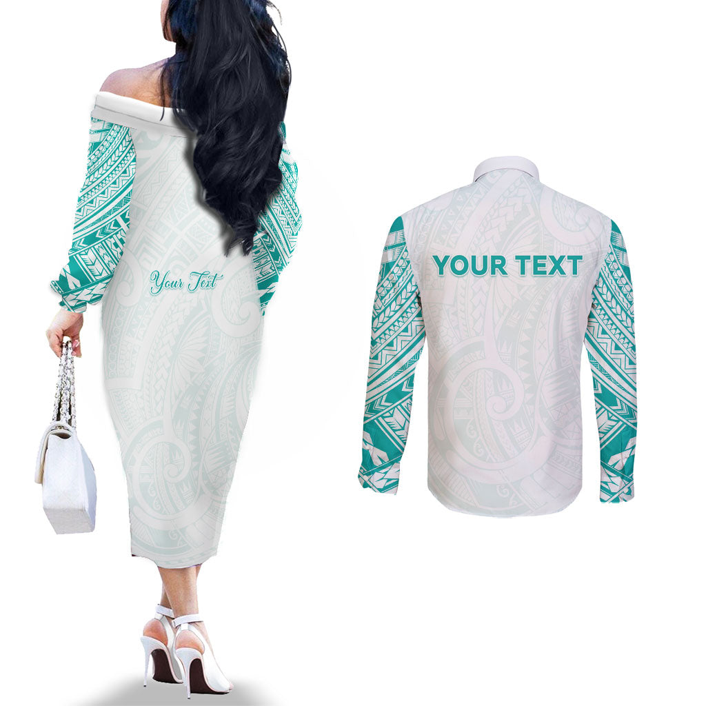 Personalised New Zealand Aotearoa Couples Matching Off The Shoulder Long Sleeve Dress and Long Sleeve Button Shirt Nurse Tribal Teal Version LT05 - Polynesian Pride