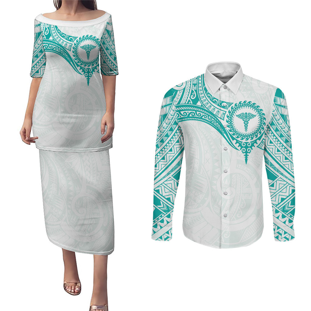 Personalised New Zealand Aotearoa Couples Matching Puletasi and Long Sleeve Button Shirt Nurse Tribal Teal Version