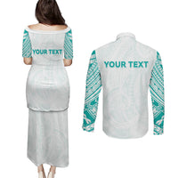 Personalised New Zealand Aotearoa Couples Matching Puletasi and Long Sleeve Button Shirt Nurse Tribal Teal Version LT05 - Polynesian Pride