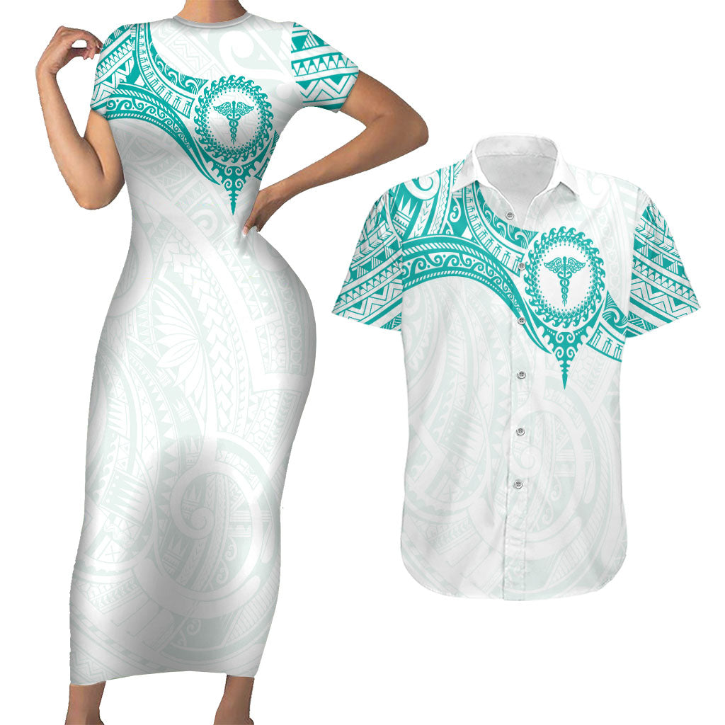 Personalised New Zealand Aotearoa Couples Matching Short Sleeve Bodycon Dress and Hawaiian Shirt Nurse Tribal Teal Version LT05 Teal - Polynesian Pride