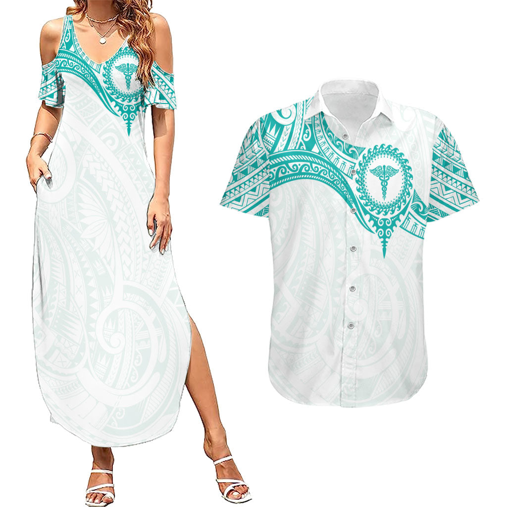 Personalised New Zealand Aotearoa Couples Matching Summer Maxi Dress and Hawaiian Shirt Nurse Tribal Teal Version LT05 Teal - Polynesian Pride