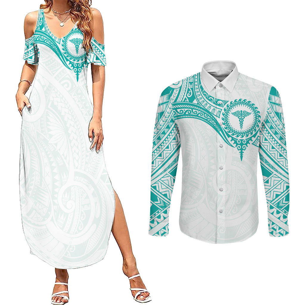 Personalised New Zealand Aotearoa Couples Matching Summer Maxi Dress and Long Sleeve Button Shirt Nurse Tribal Teal Version LT05 Teal - Polynesian Pride