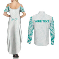 Personalised New Zealand Aotearoa Couples Matching Summer Maxi Dress and Long Sleeve Button Shirt Nurse Tribal Teal Version LT05 - Polynesian Pride